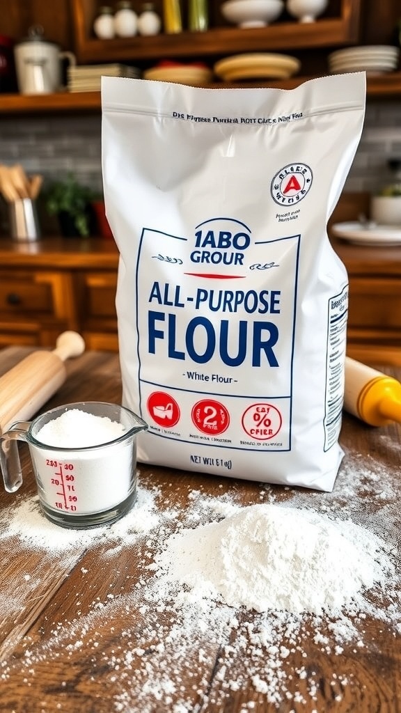 A bag of all-purpose white flour with a measuring cup and rolling pin on a wooden table.